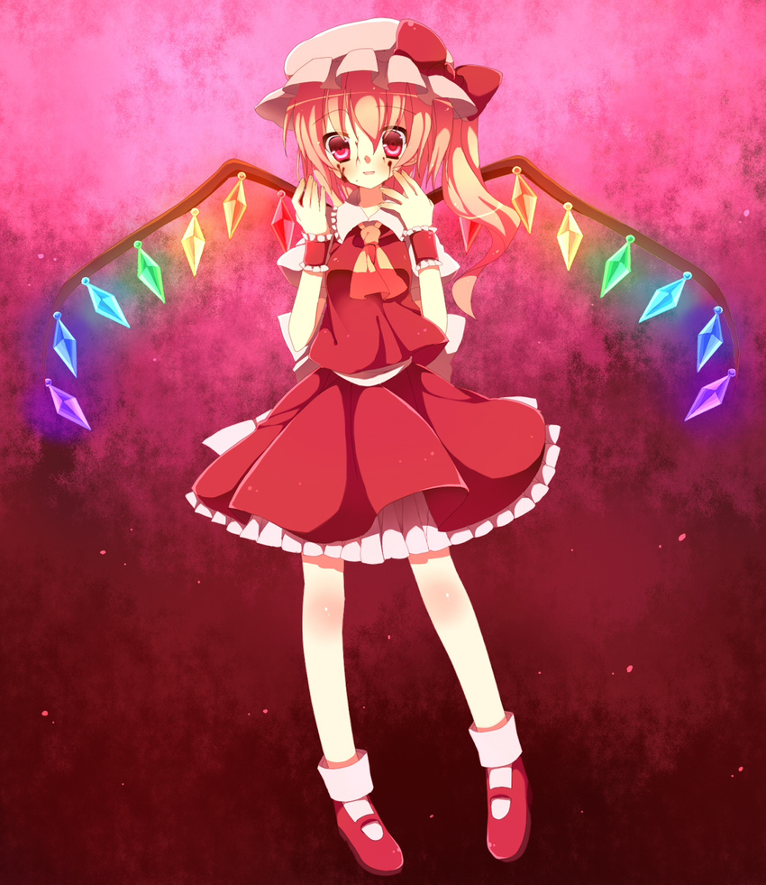 akai_(akanan) bad_id bad_pixiv_id blood crazy_eyes crystal flandre_scarlet highres mary_janes rainbow_order red red_background red_eyes red_skirt ribbon shoes skirt smile solo touhou wings