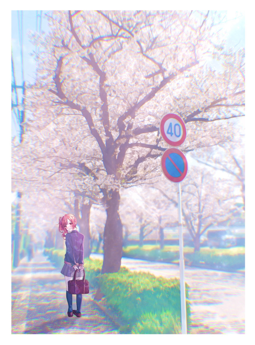 154_tkn 1girl bag black_socks blush cherry_blossoms from_behind full_body highres holding holding_bag idolmaster idolmaster_cinderella_girls igarashi_kyoko jacket kneehighs looking_at_viewer looking_back open_clothes open_jacket outdoors pleated_skirt road_sign school_uniform side_ponytail sign skirt smile socks solo tree utility_pole vanishing_point