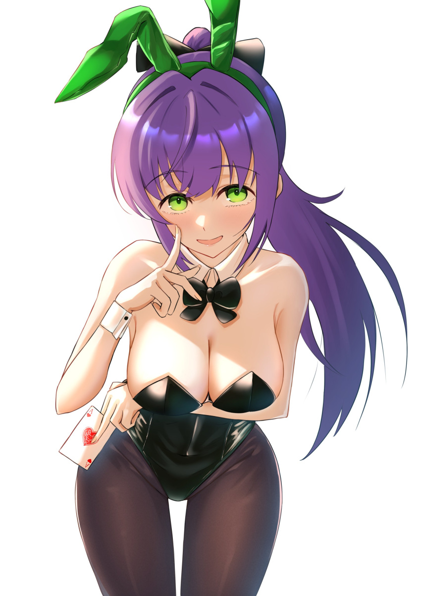 1girl absurdres ace_(playing_card) ace_of_hearts animal_ear_hairband animal_ears arm_under_breasts black_bow black_bowtie black_leotard black_pantyhose bow bowtie card collar collarbone commentary cowboy_shot fake_animal_ears finger_to_cheek green_eyes green_hairband hair_bow hairband heart highleg highleg_leotard highres holding holding_card ixianim leaning_forward leotard light_blush link!_like!_love_live! long_hair looking_at_viewer love_live! open_mouth otomune_kozue pantyhose playboy_bunny playing_card ponytail purple_hair rabbit_ear_hairband rabbit_ears sidelighting sidelocks simple_background smile solo strapless strapless_leotard virtual_youtuber white_background white_collar