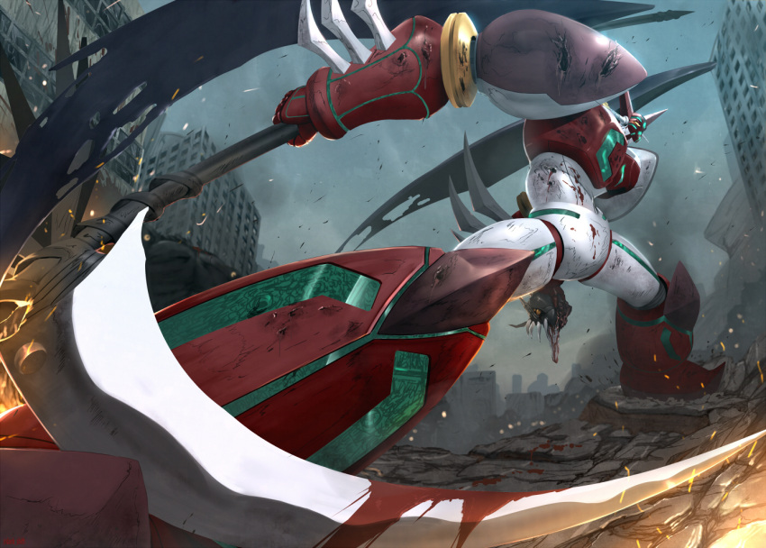 battle battle_damage blood blood_on_weapon building bullet_hole debris decapitation from_below getter_robo getter_robo_(1st_series) holding holding_scythe llowoll rubble scythe severed_head shin_getter-1 shin_getter_robo skyscraper sparks weapon