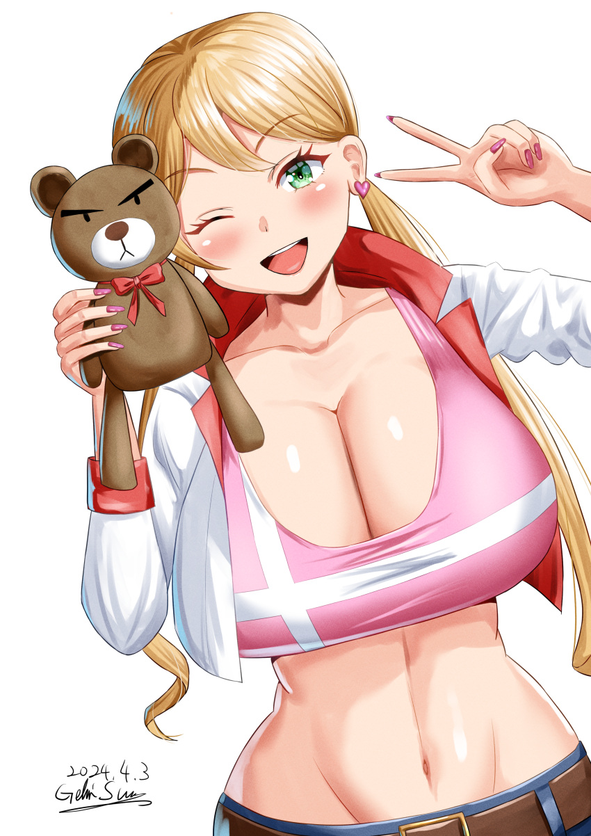 1girl ;d absurdres belt blonde_hair blue_shorts blush breasts brown_belt cleavage collarbone commentary_request cowboy_shot cropped_jacket dated denim denim_shorts doll earrings fingernails gekisum green_eyes groin gundam gundam_tekketsu_no_orphans hair_between_eyes heart heart_earrings highres holding holding_doll jacket jewelry lafter_frankland large_breasts long_fingernails long_hair long_sleeves looking_at_viewer midriff nail_polish navel one_eye_closed open_clothes open_jacket open_mouth pink_nails pink_sports_bra short_shorts shorts sidelocks signature simple_background smile solo sports_bra standing stuffed_animal stuffed_toy swept_bangs taut_clothes teddy_bear teeth twintails upper_teeth_only v white_background white_jacket