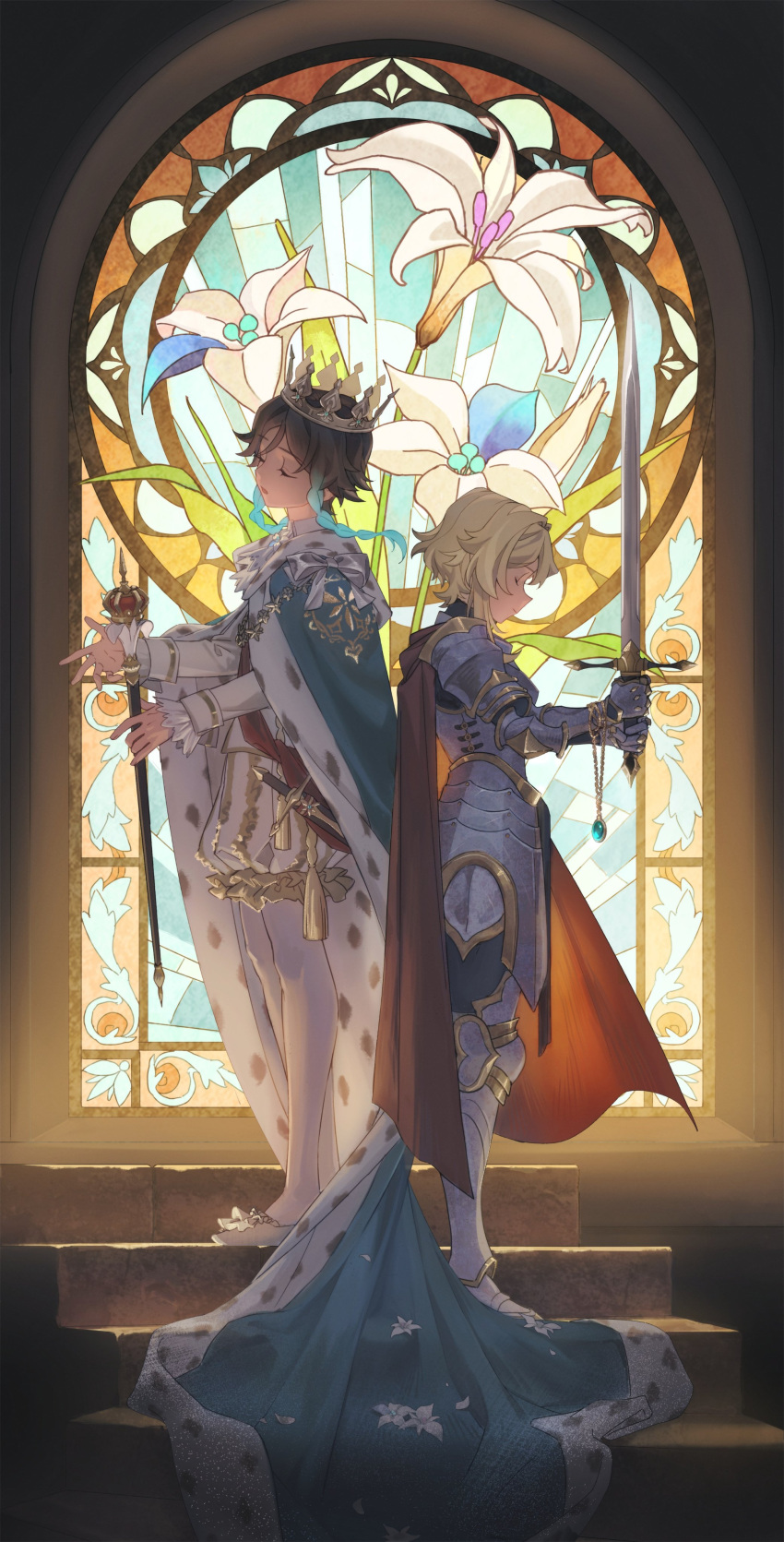 1boy 1girl absurdres alternate_costume armor black_hair blonde_hair braid cecilia_flower_(genshin_impact) closed_eyes couple crown fridaynightcat from_side full_body genshin_impact hetero highres lumine_(genshin_impact) open_mouth short_hair short_hair_with_long_locks stained_glass sword thighhighs twin_braids venti_(genshin_impact) weapon white_thighhighs