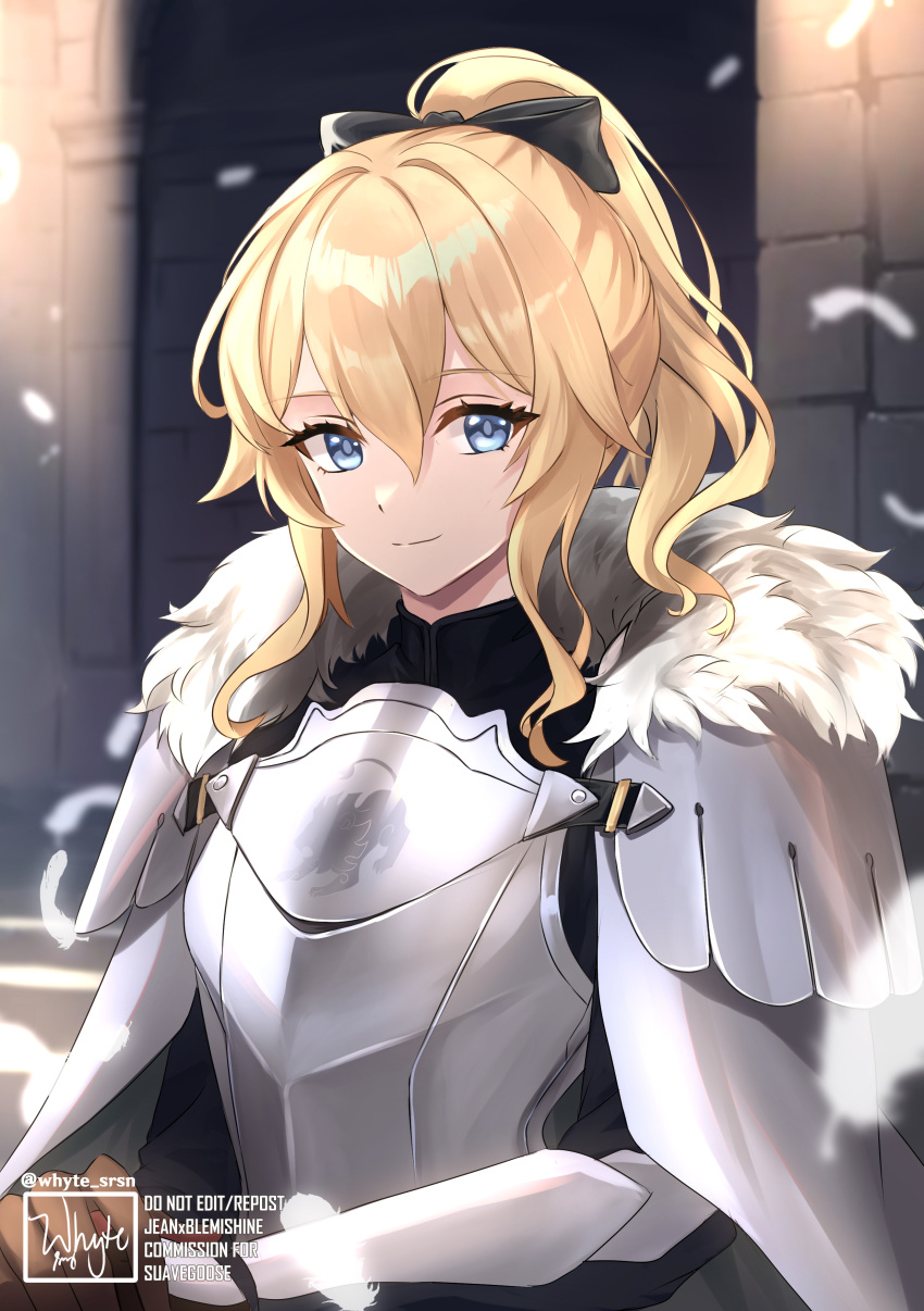 1girl absurdres arknights armor black_bow blemishine_(arknights) blemishine_(arknights)_(cosplay) blonde_hair blue_eyes bow breastplate commentary cosplay fur_trim genshin_impact hair_bow highres jean_(genshin_impact) long_hair looking_at_viewer ponytail shoulder_armor smile solo upper_body vambraces whyte_srsn