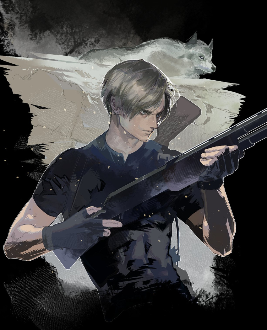 1boy black_background black_gloves blonde_hair cofffee covered_abs fingerless_gloves furrowed_brow gloves gun highres holding holding_gun holding_weapon leon_s._kennedy male_focus parted_bangs resident_evil resident_evil_4 resident_evil_4_(remake) shirt short_hair short_sleeves solo tight_clothes tight_shirt upper_body weapon wolf