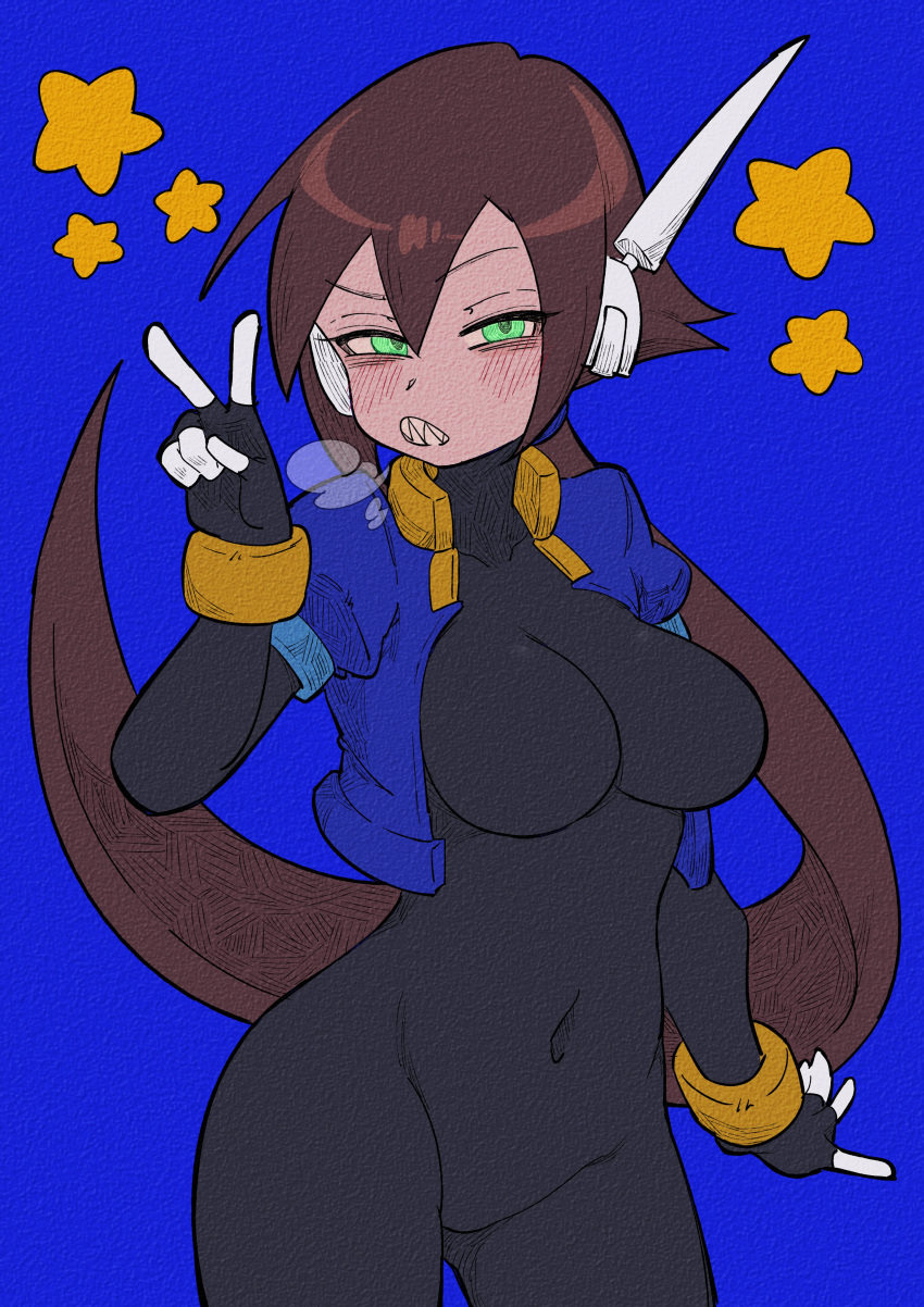 1girl absurdres aile_(mega_man_zx) black_bodysuit blue_jacket blush bodysuit bodysuit_under_clothes breasts breath brown_hair buzzlyears clenched_hands commentary covered_navel covered_nipples cowboy_shot cropped_jacket english_commentary faux_traditional_media green_eyes highres jacket long_hair looking_at_viewer medium_breasts mega_man_(series) mega_man_zx mega_man_zx_advent open_clothes open_jacket ponytail sharp_teeth solo teeth v