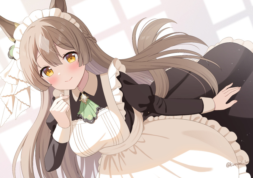 1girl alternate_costume animal_ears apron arm_at_side ascot black_dress blush breasts brooch brown_hair closed_mouth commentary dot_nose dress dutch_angle enmaided finger_heart frilled_apron frills green_ascot highres horse_ears horse_girl horse_tail jewelry kurumi_lm long_hair long_sleeves looking_at_viewer maid maid_headdress medium_breasts puffy_sleeves satono_diamond_(umamusume) smile solo tail twitter_username umamusume white_apron yellow_eyes