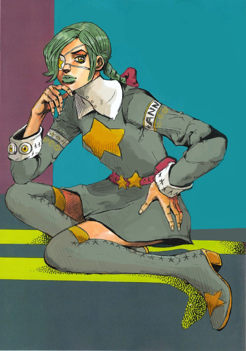 annie_(skullgirls) araki_hirohiko_(style) armband bad_id bad_tumblr_id belt belt_pouch blush boots braid chin_hold chin_rest derivative_work dress eyelashes eyepatch full_body gats_(nougats) green_hair green_lipstick hand_on_hip highres jojo_no_kimyou_na_bouken lips lipstick makeup parody pouch revision skullgirls star stuffed_animal stuffed_bunny stuffed_toy style_parody thigh_boots thighhighs twin_braids yellow_eyes