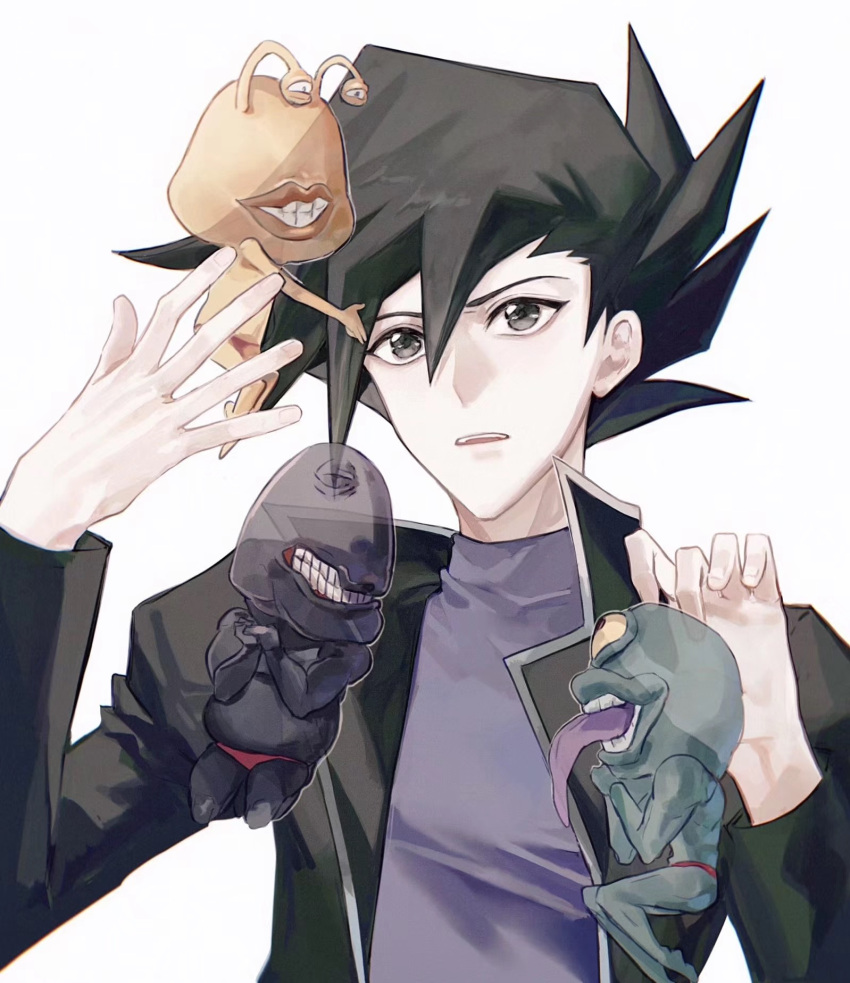 1boy bad_id bad_lofter_id black_hair black_jacket blue_skin colored_skin cyclops duel_monster green_eyes green_skin grin hands_up highres hug jacket long_sleeves looking_up male_focus male_swimwear manjoume_jun naoki_(2rzmcaizerails6) ojama_black ojama_green ojama_yellow one-eyed open_clothes open_jacket own_hands_together parted_lips purple_shirt shirt short_hair simple_background smile spiked_hair swim_briefs teeth tongue tongue_out transparent turtleneck turtleneck_shirt upper_teeth_only white_background yellow_skin yu-gi-oh! yu-gi-oh!_gx