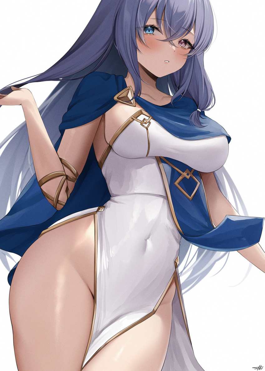 1girl blue_cape blue_eyes blush borrowed_character breasts cape commentary_request commission covered_navel crossed_bangs dress gold_trim hair_between_eyes heterochromia highres long_hair medium_breasts original parted_lips pelvic_curtain purple_eyes purple_hair shhilee sideboob signature simple_background skeb_commission sleeveless sleeveless_dress solo thighs white_background white_dress