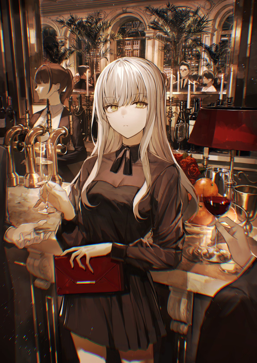3girls 4boys alcohol bag bar_(place) black_dress blonde_hair bottle breasts cowboy_shot cup dress drinking_glass food frown fruit handbag highres looking_at_another medium_breasts multiple_boys multiple_girls orange_(fruit) original red_wine short_dress solo_focus tamitami white_wine wine wine_bottle wine_glass yellow_eyes