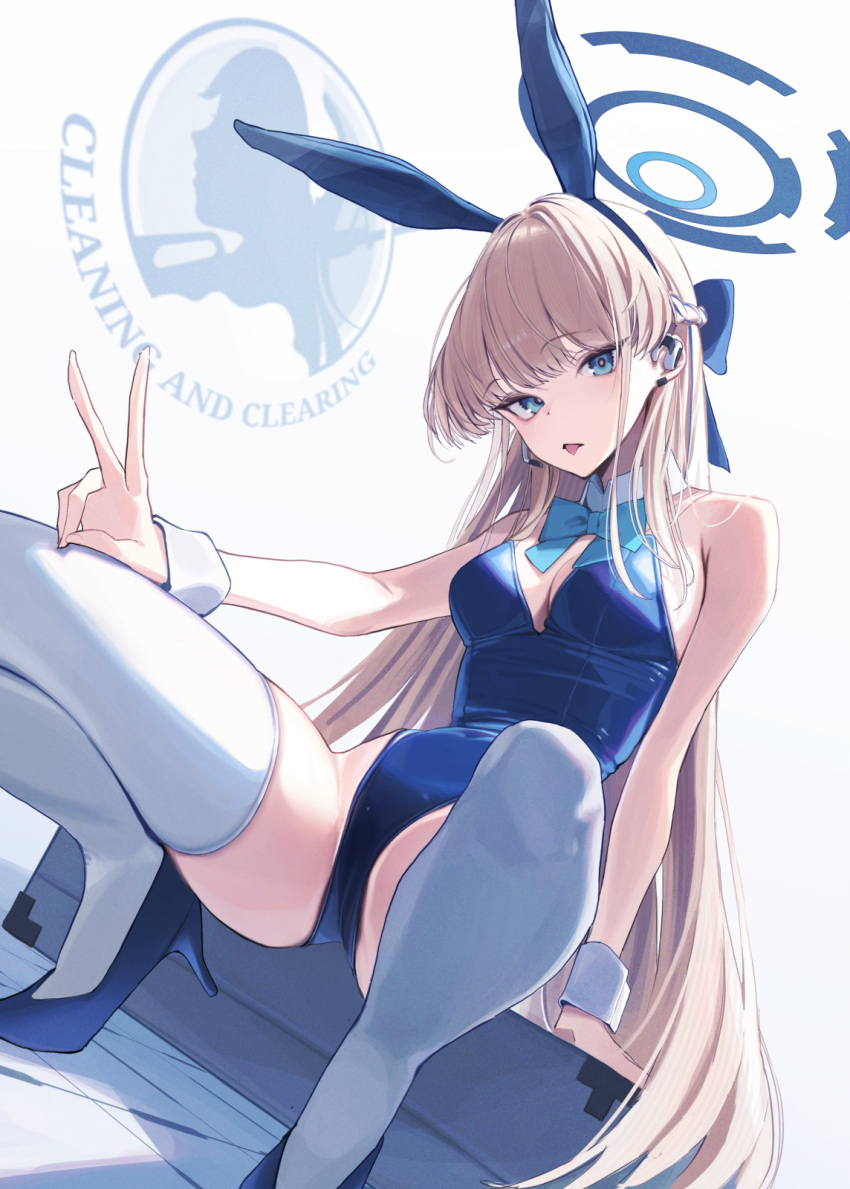 1girl animal_ears bare_shoulders blonde_hair blue_archive blue_bow blue_eyes blue_leotard blush bow bowtie breasts cleavage covered_navel detached_collar fake_animal_ears gloves hair_bow hairband halo highleg highleg_leotard highres leotard light_brown_hair long_hair looking_at_viewer medium_breasts official_alternate_costume open_mouth playboy_bunny rabbit_ears simple_background solo squatting strapless strapless_leotard thighhighs thighs toki_(blue_archive) toki_(bunny)_(blue_archive) tongue tongue_out tooyon v very_long_hair white_gloves