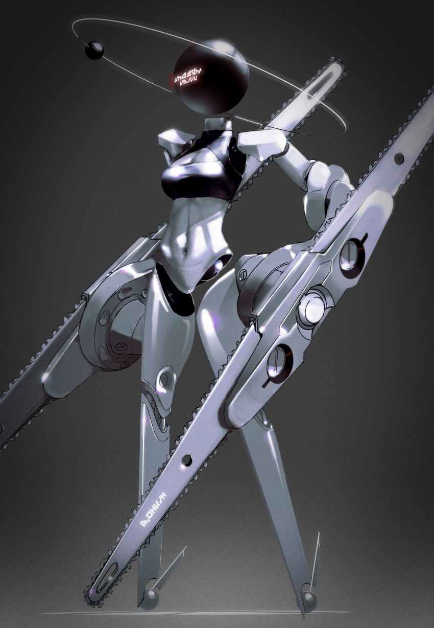 1girl absurdres breasts chainsaw grey_background highres in_orbit joints medium_breasts navel no_feet orb original oversized_forearms oversized_limbs robot_girl robot_joints saltfacer solo standing