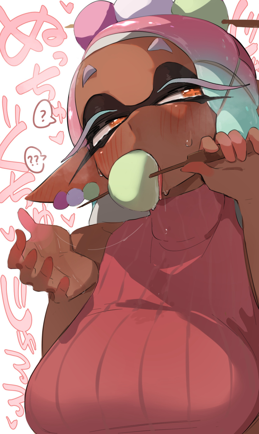 1girl ? bare_shoulders blue_hair blush breasts colored_eyelashes commentary_request crop_top dango dango_earrings dark-skinned_female dark_skin earrings eating fellatio food food-themed_earrings food_on_head frye_(splatoon) gradient_hair hair_ornament half-closed_eyes hand_up heart highres holding holding_stick inkling jewelry kashu_(hizake) large_breasts long_hair looking_to_the_side multicolored_hair object_on_head official_alternate_costume oral orange_eyes pink_hair pink_shirt pointy_ears saliva saliva_trail sexually_suggestive shirt short_eyebrows simulated_fellatio solo speech_bubble splatoon_(series) splatoon_3 spoken_question_mark star-shaped_pupils star_(symbol) stick symbol-shaped_pupils tentacle_hair tongue translation_request two-tone_hair upper_body wagashi white_background x_hair_ornament