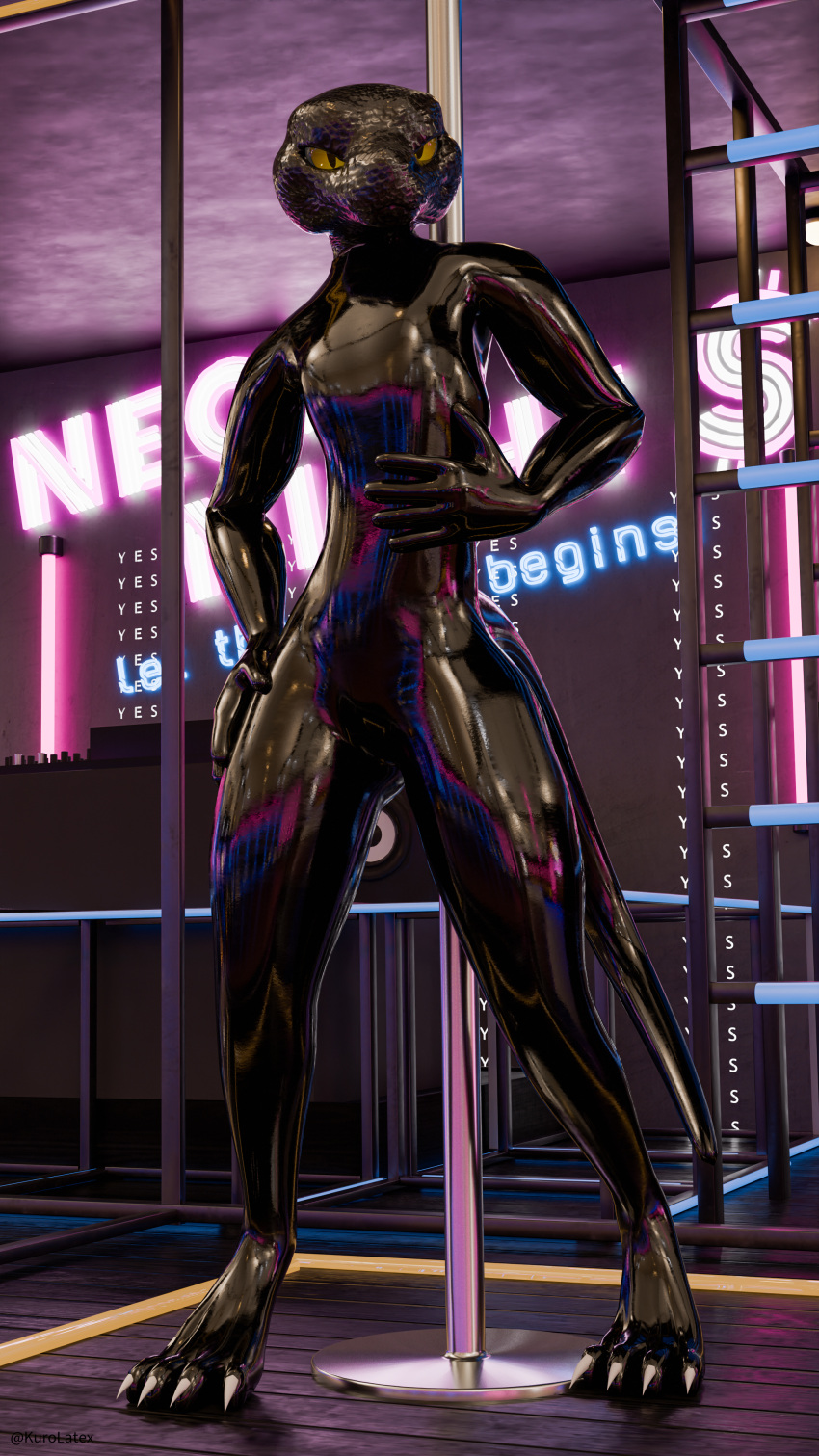 absurd_res anthro axel clothing club dancing hi_res kurolatex latex latex_clothing latex_skinsuit looking_at_viewer male pole pole_dancing reptile scalie skinsuit snake solo tight_clothing