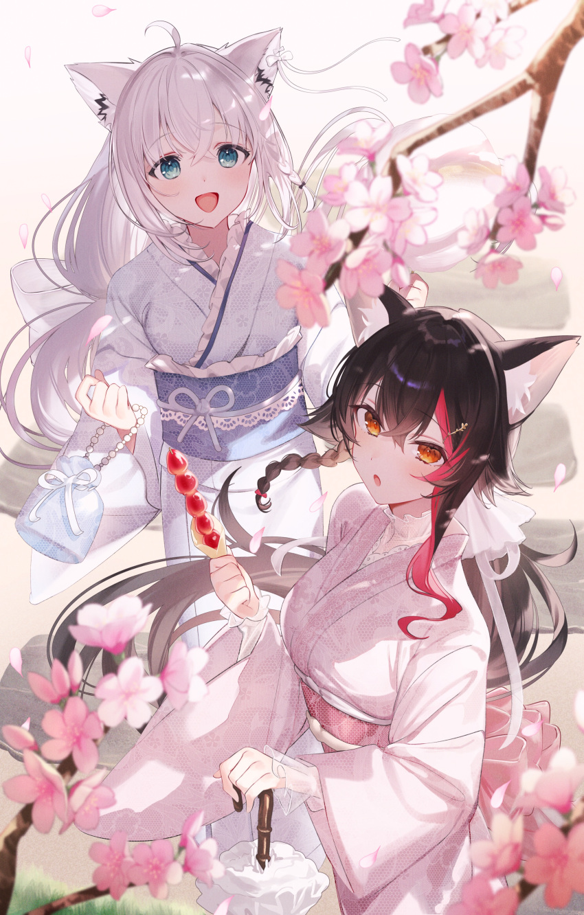 2girls :d :o absurdres ahoge alternate_costume animal_ear_fluff animal_ears back_bow bag black_hair blue_sash blurry blush bow braid cherry_blossoms cotton_candy crossed_bangs depth_of_field falling_petals floating_hair food fox_ears fox_girl frilled_kimono frills from_above hair_between_eyes hair_ornament hairclip highres holding holding_bag holding_food holding_umbrella hololive honeycomb_(pattern) japanese_clothes kimono kuma_daigorou large_bow long_hair long_sleeves looking_at_viewer low_ponytail multicolored_hair multiple_girls obi ookami_mio open_mouth petals pink_kimono pink_sash red_hair sakuramon sash shirakami_fubuki side_braid sidelocks smile streaked_hair umbrella virtual_youtuber white_background white_hair white_kimono wide_ponytail wide_sleeves wolf_ears wolf_girl yellow_eyes