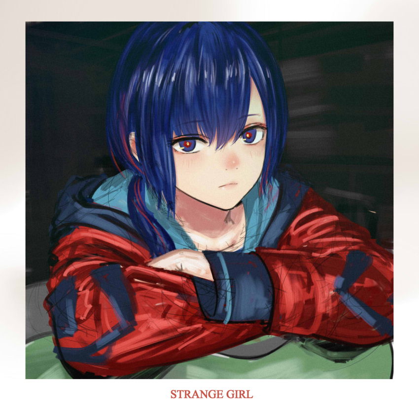 1girl alternate_costume black_background black_jacket blue_eyes blue_hair blush border closed_mouth crossed_arms english_text expressionless hair_over_shoulder highres hood hood_down hooded_jacket isshiki_(ffmania7) jacket kamitsubaki_studio long_sleeves looking_at_viewer low_ponytail multicolored_clothes multicolored_eyes multicolored_hair multicolored_jacket red_eyes red_hair red_jacket rim_(kamitsubaki_studio) sketch solo streaked_hair two-tone_jacket upper_body virtual_youtuber white_border yellow_pupils