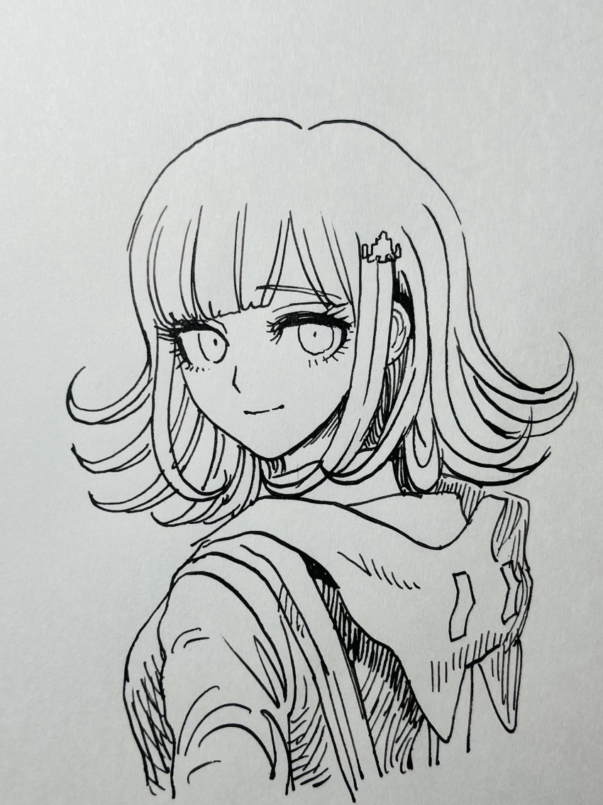 1girl absurdres blunt_bangs closed_mouth cropped_torso danganronpa_(series) danganronpa_2:_goodbye_despair greyscale highres hood hood_down long_sleeves medium_hair monochrome nanami_chiaki smile solo spaceship_hair_ornament uranagi_(uranaginasi)