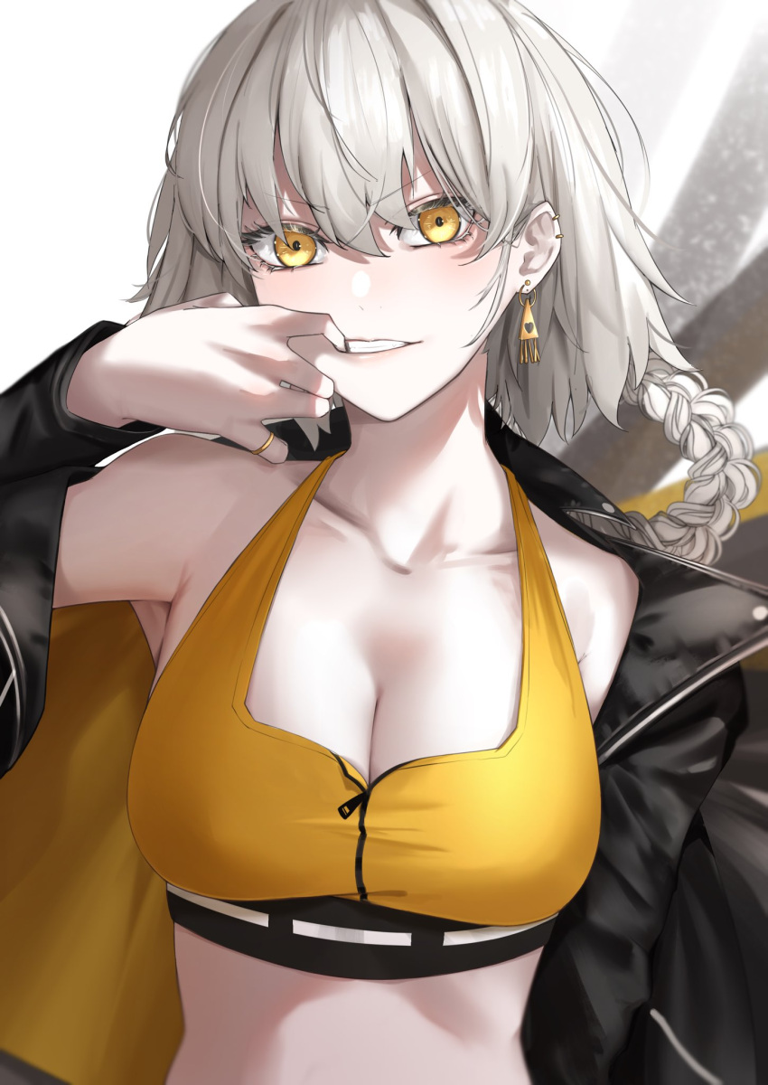 1girl bare_shoulders black_jacket blush braid breasts cleavage earrings fate/grand_order fate_(series) grey_hair highres jacket jeanne_d'arc_alter_(fate) jewelry large_breasts long_hair long_sleeves looking_at_viewer ri_o_ne_su solo sports_bra yellow_eyes yellow_sports_bra