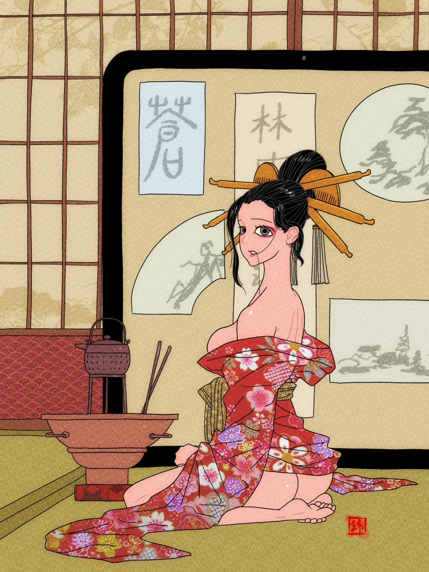 1girl absurdres ass back bare_shoulders barefoot black_eyes black_hair brazier breasts eyeliner floral_print forehead hair_bun hair_in_own_mouth hair_ornament highres japanese_clothes kimono looking_at_viewer makeup obi off_shoulder original parted_lips red_lips sash sei5osuzuki seiza single_hair_bun sitting solo tatami teapot