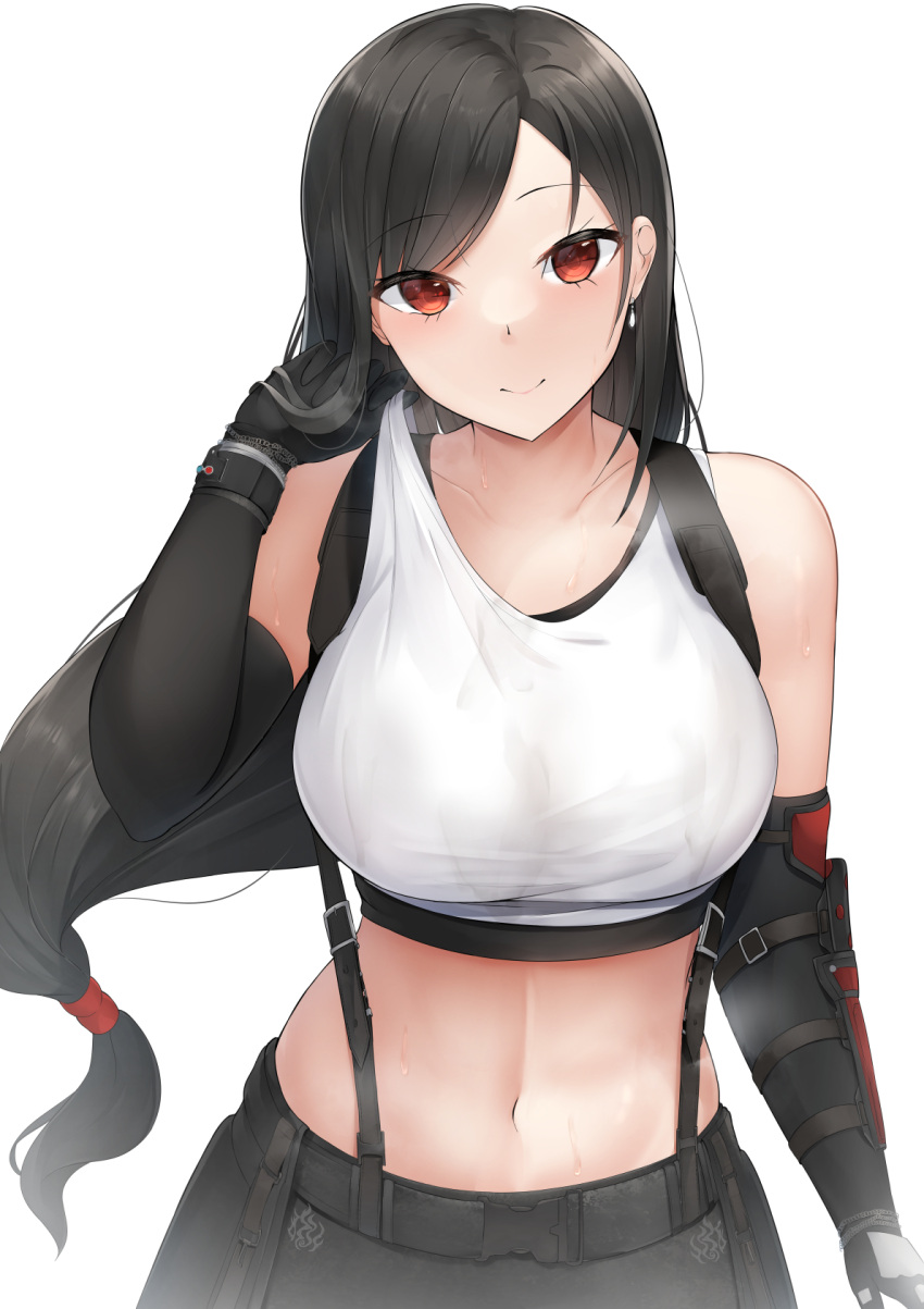 1girl adjusting_clothes black_hair breasts crop_top final_fantasy final_fantasy_vii final_fantasy_vii_remake highres large_breasts long_hair looking_at_viewer low-tied_long_hair navel nori_aji simple_background single_arm_guard skirt smile solo sports_bra steaming_body stomach suspender_skirt suspenders sweat sweaty_clothes tank_top tifa_lockhart upper_body very_sweaty white_tank_top