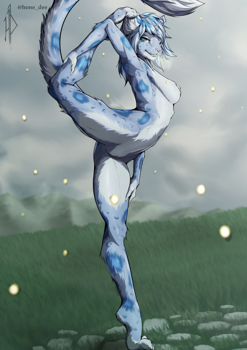 2024 4_toes 5_fingers anthro areola arthropod athletic athletic_female beetle bethesda_softworks blue_body blue_eyes blue_hair blue_spots breasts breathing claws cloud curling_toes detailed_background digital_media_(artwork) elateroid feet felid female fingers firefly flexible foot_grab fur genitals grass grey_body grey_fur h1d hair hi_res inner_ear_fluff insect khajiit m'ria_(maks_hunt) mammal markings microsoft mountain nipples nude nude_female on_one_leg one_eye_closed pantherine pavement pawpads paws plant pussy seductive smile snow_leopard solo spots spotted_body spotted_fur standing stretching tail the_elder_scrolls toes tuft white_body white_claws white_fur