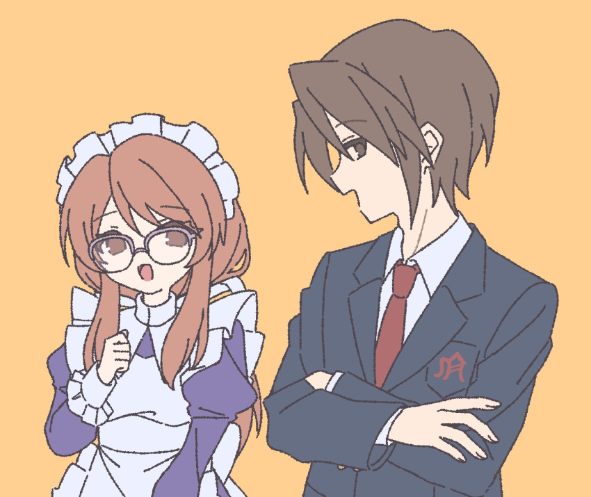 1boy 1girl :d apron asahina_mikuru blazer blue_jacket breast_pocket brown_eyes brown_hair collared_shirt crossed_arms dress glasses jacket kita_high_school_uniform koizumi_itsuki long_sleeves looking_at_viewer maid maid_apron maid_headdress nanonome necktie official_alternate_costume open_mouth pocket puffy_long_sleeves puffy_sleeves purple_dress red_necktie school_uniform shirt short_hair simple_background smile suzumiya_haruhi_no_yuuutsu upper_body white_shirt winter_uniform yellow_background