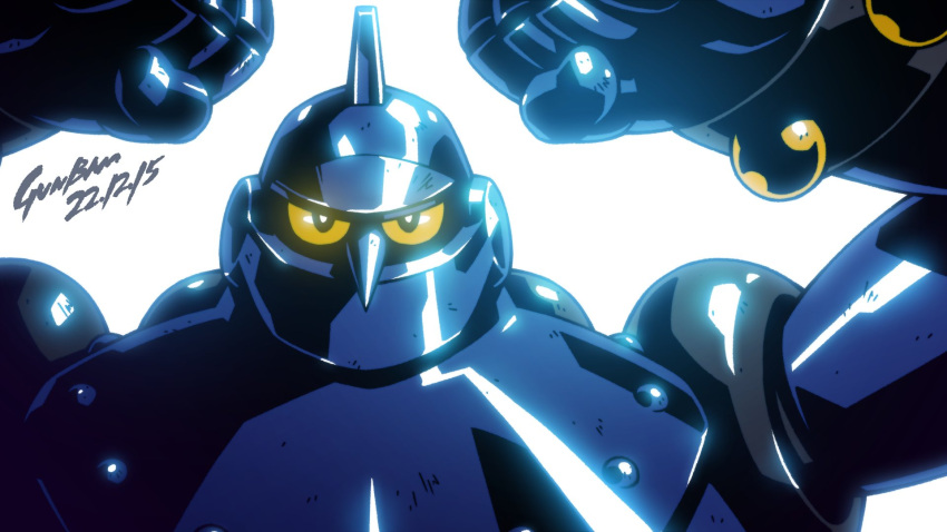 arms_up babamba black_eyes blue_skin colored_skin highres mecha no_humans pointy_nose robot rocket solo tetsujin_28 tetsujin_28-gou white_background