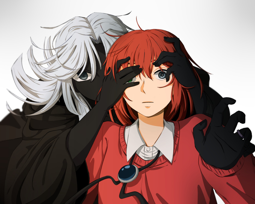 1boy 1girl black_coat black_hands black_skin bolo_tie closed_mouth coat collared_shirt colored_skin covering_another's_eyes delfuze green_eyes grey_eyes hatori_chise heterochromia highres jewelry joseph_cartaphilus long_sleeves mahou_tsukai_no_yome medium_hair red_hair red_sweater ring shirt simple_background sweater white_background wide-eyed wing_collar