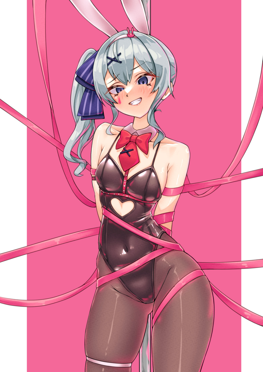 1girl absurdres animal_ears arms_behind_back black_leotard blue_eyes blue_hair bow bowtie breasts clothing_cutout cosplay covered_navel detached_collar fake_animal_ears grin hair_ornament hatsune_miku hatsune_miku_(cosplay) heart_cutout highleg highleg_leotard highres hololive hoshimachi_suisei leotard long_hair nyang-kaz pantyhose pillarboxed pink_background pink_ribbon playboy_bunny pole rabbit_ears rabbit_hole_(vocaloid) red_bow red_bowtie restrained ribbon side_ponytail simple_background small_breasts smile solo standing stripper_pole teardrop_facial_mark thigh_strap virtual_youtuber vocaloid x_hair_ornament