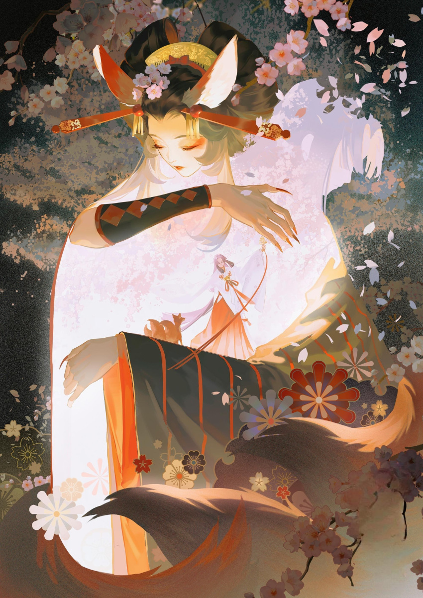 3girls absurdres aged_down animal_ears artist_request black_hair black_kimono bracer branch cherry_blossoms closed_eyes comb double_exposure dual_persona eyeshadow falling_petals fingernails floral_print flower fox fox_ears fox_girl fox_tail from_side hair_flower hair_ornament hair_stick hakama hakama_skirt highres hug japanese_clothes kanzashi kimono long_fingernails long_hair makeup multiple_girls multiple_tails nihongami official_art onmyoji petals red_eyeshadow red_lips red_nails red_skirt sanbi_no_kitsune sharp_fingernails skirt tail third-party_source upper_body wide_sleeves