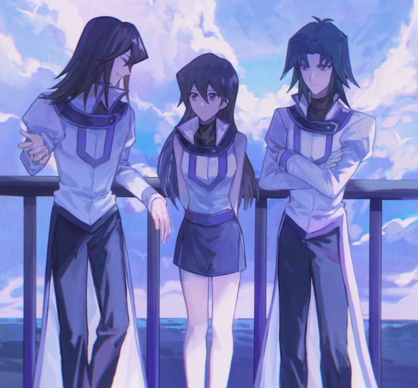 1girl 2boys against_railing arms_behind_back bad_id bad_lofter_id black_pants black_shirt black_skirt blue_hair blue_sky brown_hair closed_eyes cloud cloudy_sky coat crossed_arms day duel_academy_uniform_(yu-gi-oh!_gx) elbow_rest grin hand_up happy high_collar highres juliet_sleeves leaning_back light_smile long_hair long_sleeves looking_at_another marufuji_ryo multiple_boys naoki_(2rzmcaizerails6) ocean outdoors pants puffy_sleeves railing serious shirt skirt sky sleeveless sleeveless_jacket smile standing tenjouin_asuka tenjouin_fubuki turtleneck turtleneck_shirt upper_body white_coat yu-gi-oh! yu-gi-oh!_gx