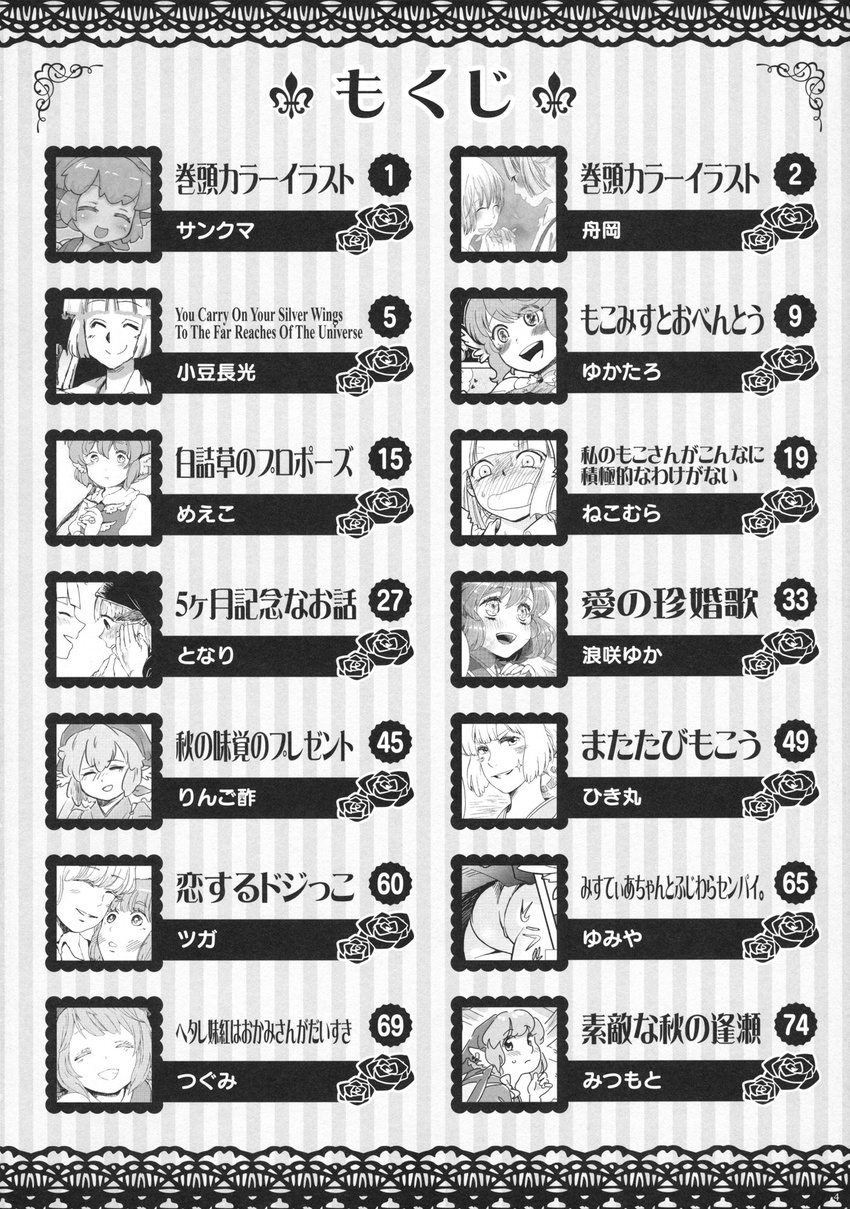 azuki_osamitsu fujiwara_no_mokou funaoka greyscale highres hikimaru lace_border meeko mitsumoto_jouji monochrome multiple_girls mystia_lorelei namisaki_yuka nekomura_otako okamisty ringo_su sankuma striped striped_background touhou translation_request tsuga tugumi0w0 vertical-striped_background vertical_stripes yumiya