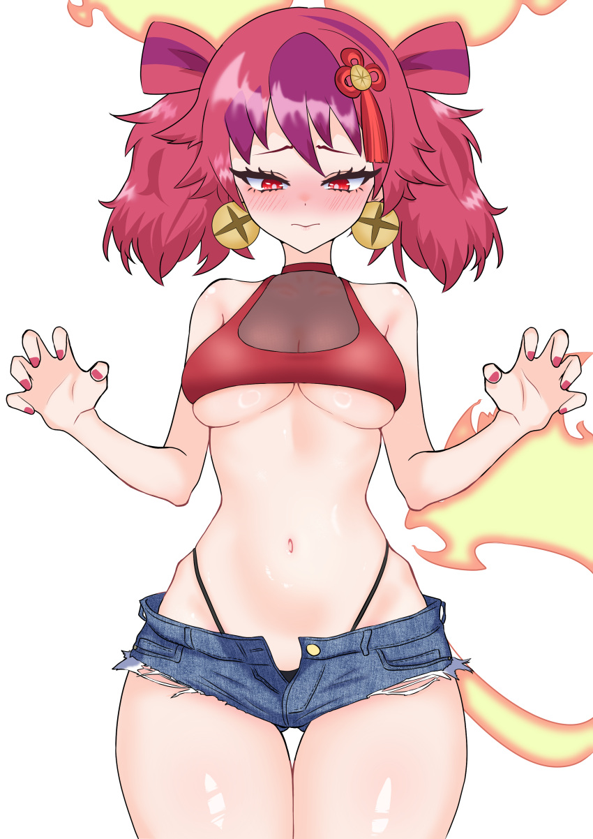 1girl absurdres alternate_costume bare_shoulders breasts denim denim_shorts duel_monster ear_bell fiery_tail ha-re_the_sword_mikanko hands_up highres multicolored_hair navel oldsickkim paw_pose purple_hair red_hair short_shorts shorts solo stomach streaked_hair tail twintails underboob yu-gi-oh!