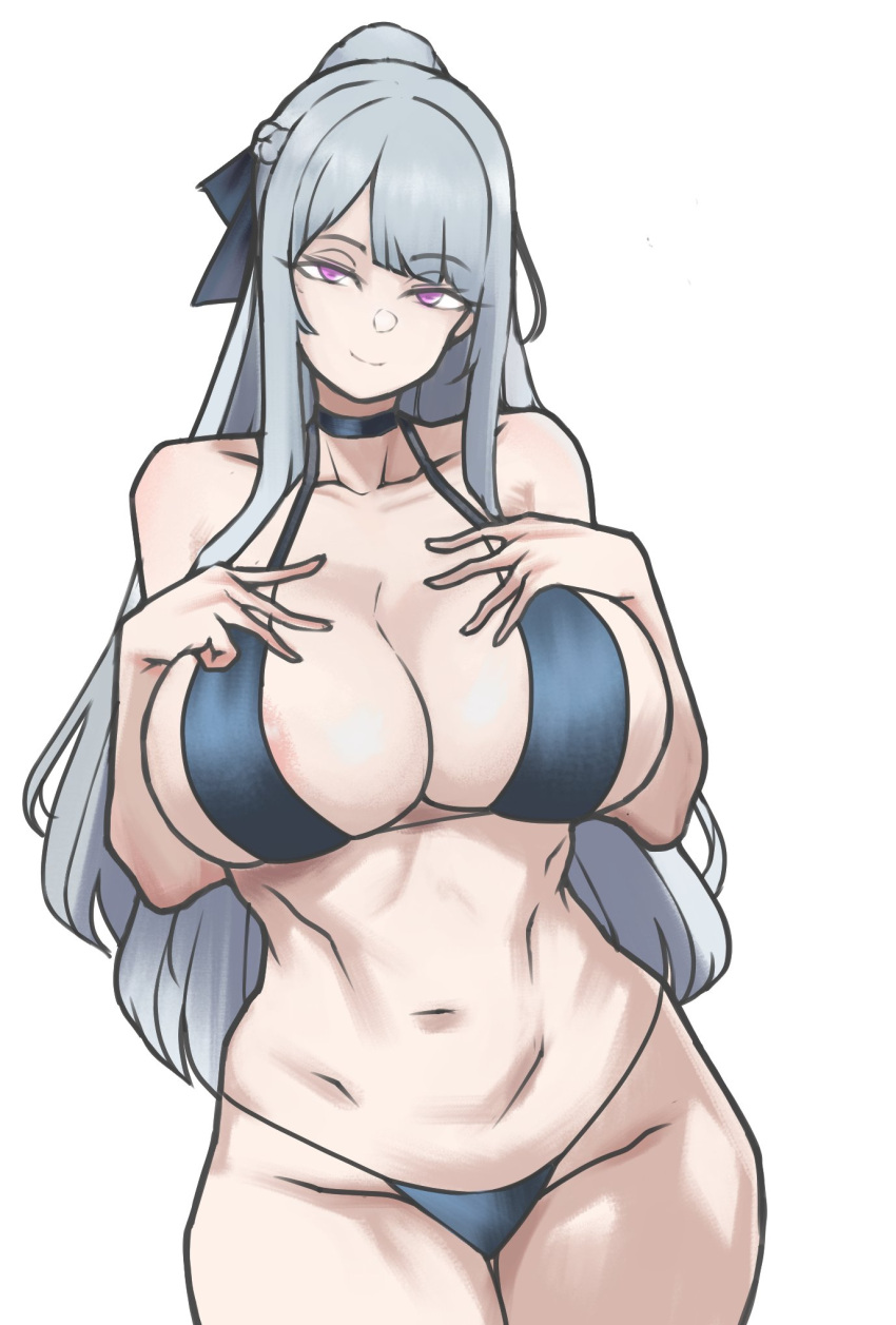 1girl ak-12_(girls'_frontline) alternate_breast_size areola_slip bikini black_bikini braid breasts cleavage closed_mouth collarbone french_braid girls'_frontline grey_hair highleg highleg_bikini highres large_breasts long_hair looking_at_viewer navel pink_eyes sidelocks simple_background smile solo stomach straight-on swimsuit unusually_open_eyes wessidesuyo white_background