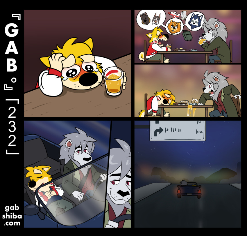 2024 aircraft airplane anthro barefoot bau_husky black_border black_eyes black_nose blue_bottomwear blue_car blue_clothing blue_pants blush bodily_fluids border bottomwear canid canine canis car chair clothed clothing coat comic convertible crying curled_tail digital_media_(artwork) domestic_dog drinking driving duo elion_(gabshiba) falling_asleep feet felid fur furniture gab_(comic) gab_shiba gabshiba green_bottomwear green_clothing green_coat green_pants green_topwear hand_on_own_head head_on_table holding_glass holding_object inside_car lion male mammal mane night on_chair open_mouth pantherine pants pictographics red_clothing red_coat red_eyes red_shirt red_topwear restaurant road ruff_bull sad seatbelt shiba_inu shirt sitting sitting_on_chair sleeping solo speech_bubble spilling_drink spitz street_sign tail tears teary_eyes text topwear url vehicle venting voff_akita wang_chow white_body white_fur white_mane yellow_body yellow_fur