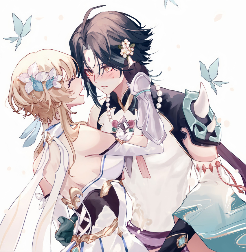 1boy 1girl abyss_of_alyss backless_outfit black_hair blonde_hair blush bug butterfly chinese_clothes closed_eyes couple cowboy_shot dress dutch_angle flower gauntlets genshin_impact hair_flower hair_ornament hand_up hetero highres lumine_(genshin_impact) open_mouth short_hair simple_background white_background white_dress xiao_(genshin_impact) yellow_eyes