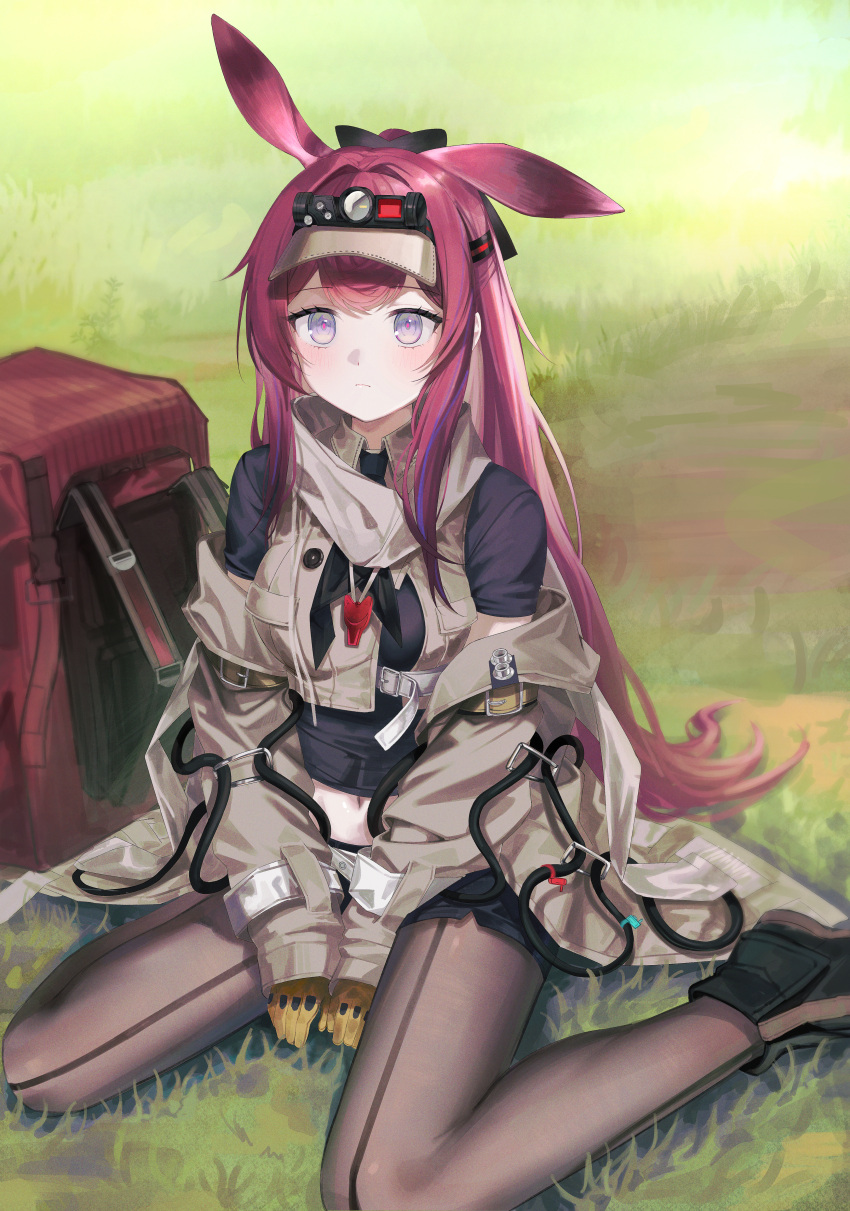 1girl absurdres animal_ears arknights black_footwear black_shirt blush commentary grass grey_pantyhose highres long_hair looking_at_viewer midriff navel pantyhose purple_eyes purple_hair rabbit_ears ray_(arknights) shirt shoes solo very_long_hair visor_cap zapik