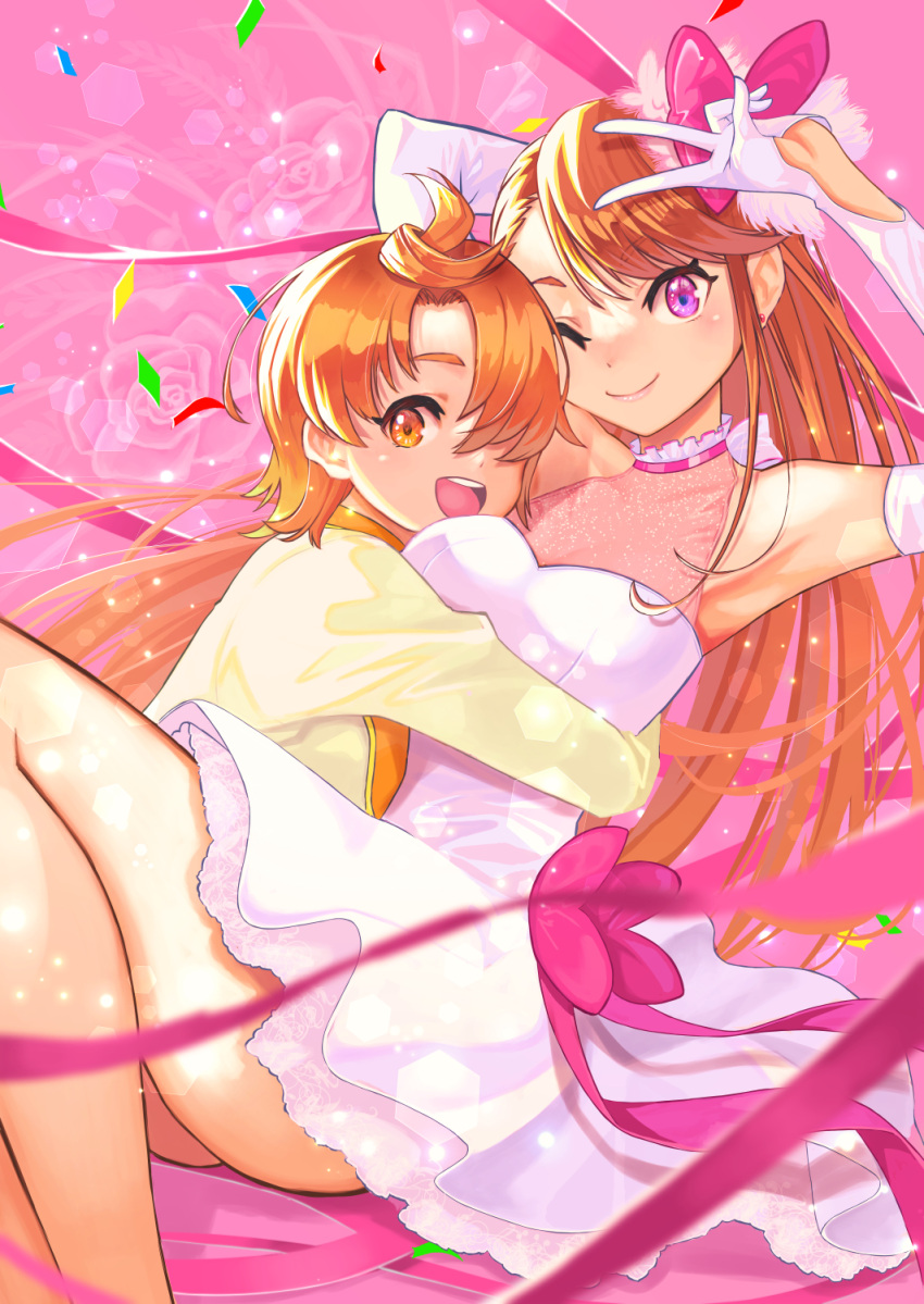 1boy 1girl ;) age_difference arm_behind_head asymmetrical_bangs blurry blurry_foreground bow brown_hair confetti depth_of_field dress earrings elbow_gloves gloves hair_bow hair_over_one_eye halter_dress halterneck highres hijiri_ageha hirogaru_sky!_precure hug jewelry jj_(ssspulse) leaning_back light_particles one_eye_closed onee-shota orange_eyes orange_hair precure purple_eyes shirt short_dress short_hair sleeveless sleeveless_dress smile streamers stud_earrings v_over_eye white_dress white_gloves yellow_shirt yuunagi_tsubasa