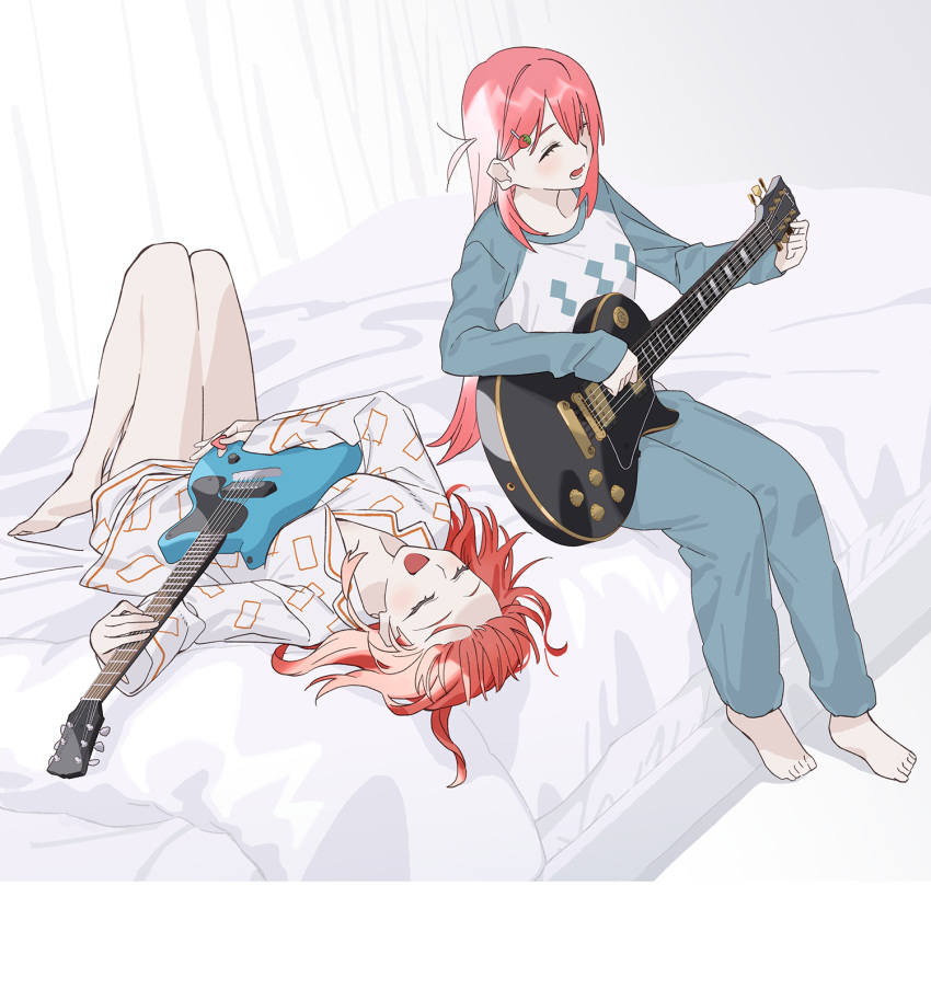 2girls bare_legs barefoot bedroom blue_pants blue_shirt bocchi_the_rock! closed_eyes commentary_request electric_guitar food-themed_hair_ornament full_body gotoh_hitori guitar hair_ornament highres holding holding_guitar holding_instrument holding_plectrum indoors instrument kita_ikuyo korean_commentary long_hair long_sleeves lying multiple_girls music on_back on_bed open_mouth pajamas pants pink_hair playing_guitar plectrum red_hair shirt singing sitting smile strawberry_hair_ornament white_shirt zhr100