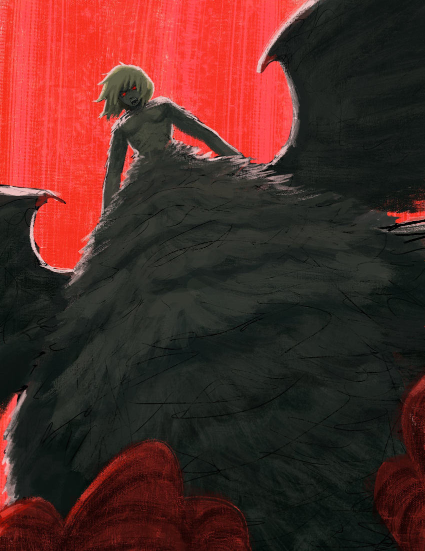 1girl blonde_hair breasts chimera commentary dungeon_meshi falin_touden falin_touden_(chimera) glowing glowing_eyes highres medium_breasts monster_girl red_background red_eyes solo titann wings