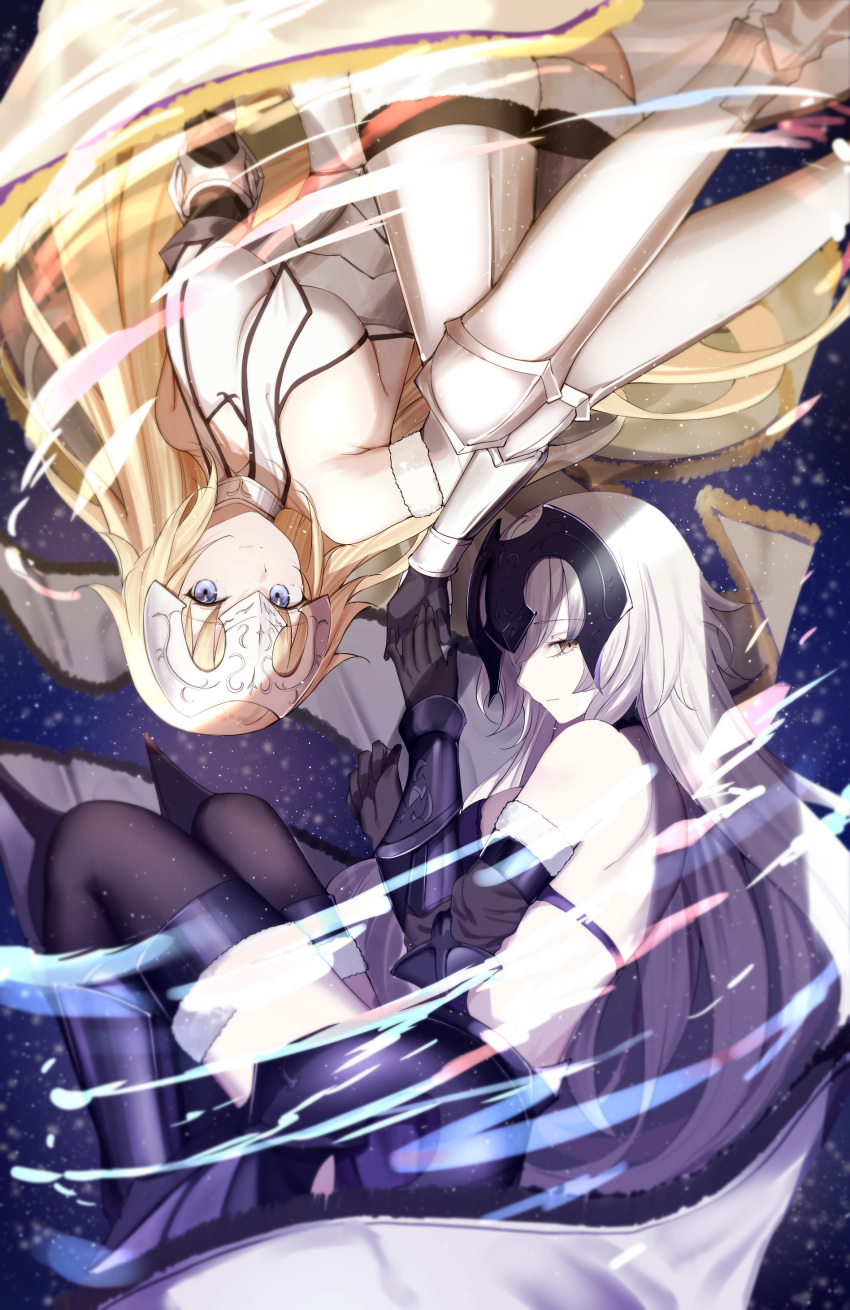 2girls absurdres armor armored_boots armored_dress back bare_back bare_shoulders blonde_hair blue_eyes boots breasts clothing_cutout dual_persona fate/grand_order fate_(series) fur-trimmed_legwear fur_trim gauntlets gloves headpiece highres holding_hands jeanne_d'arc_(fate) jeanne_d'arc_(third_ascension)_(fate) jeanne_d'arc_alter_(avenger)_(fate) jeanne_d'arc_alter_(avenger)_(third_ascension)_(fate) jeanne_d'arc_alter_(fate) kairi_(miry666) large_breasts long_hair looking_at_viewer multiple_girls plackart thighhighs very_long_hair yellow_eyes
