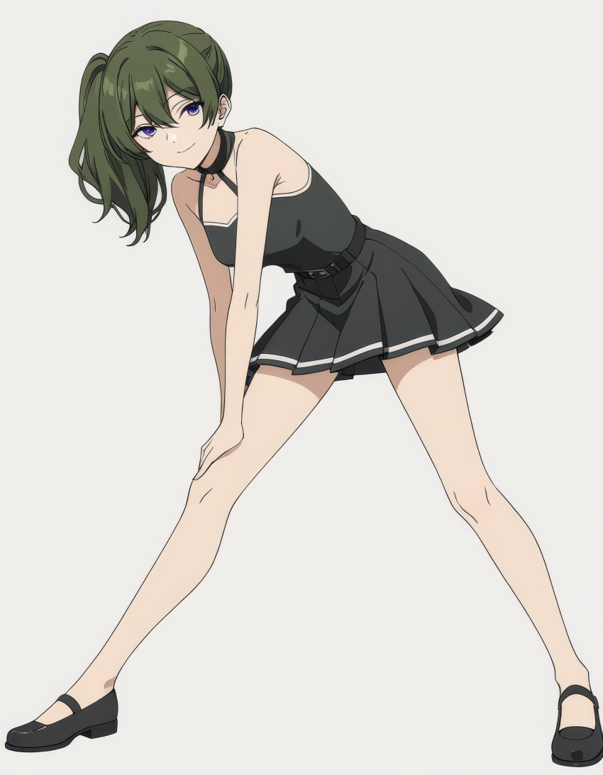 1girl ai-generated bare_arms bare_legs bare_shoulders belt black_belt black_choker black_dress black_footwear breasts choker closed_mouth collarbone commentary_request dress full_body green_hair grey_background hair_between_eyes hands_on_own_leg highres long_hair looking_at_viewer medium_breasts medium_hair picowan11 pleated_skirt purple_eyes shadow shirt shoes short_dress side_ponytail sidelocks simple_background skirt sleeveless sleeveless_dress sleeveless_shirt smile solo sousou_no_frieren standing stretching ubel_(sousou_no_frieren)