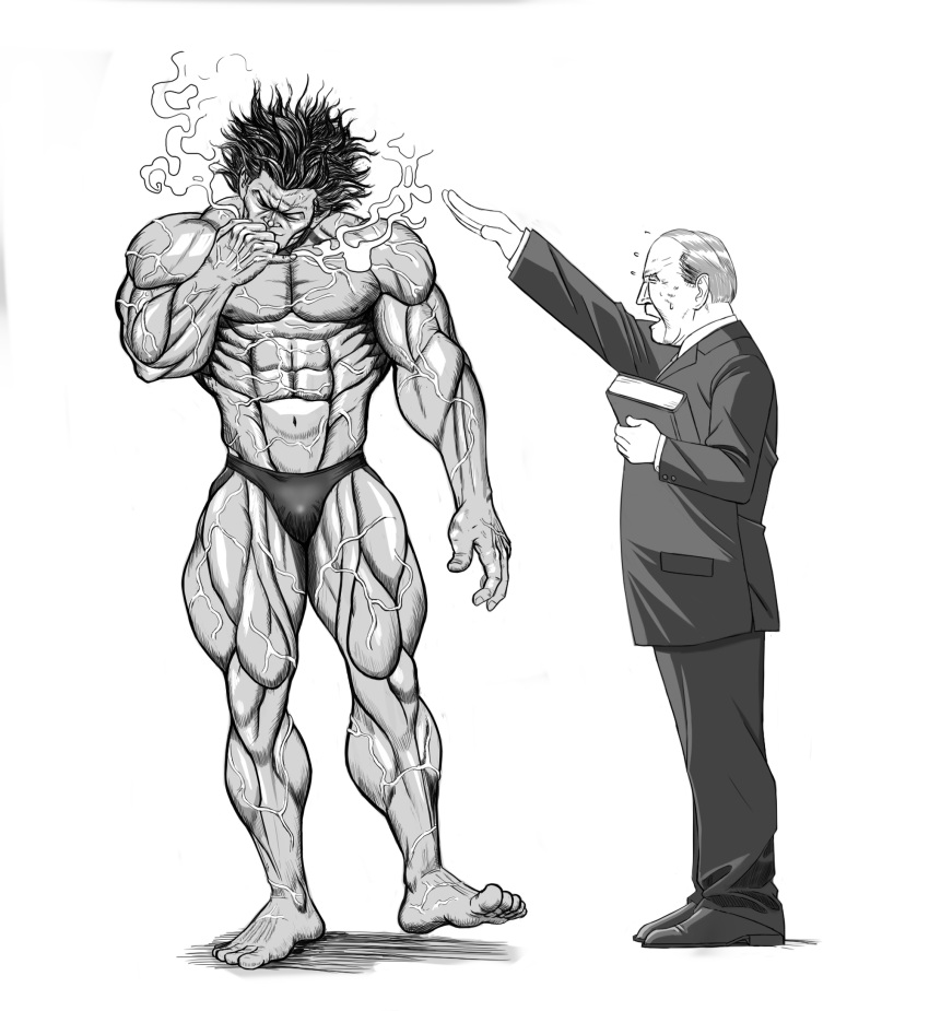 2boys abs bara barefoot book bulge closed_eyes dark-skinned_male dark_skin grappler_baki greyscale hanma_yujiro highres holding holding_book joe_biden long_sleeves male_focus monochrome multiple_boys muscular muscular_male navel old old_man pectorals real_life salute smoking suit sweatdrop taka_(takahirokun) topless_male