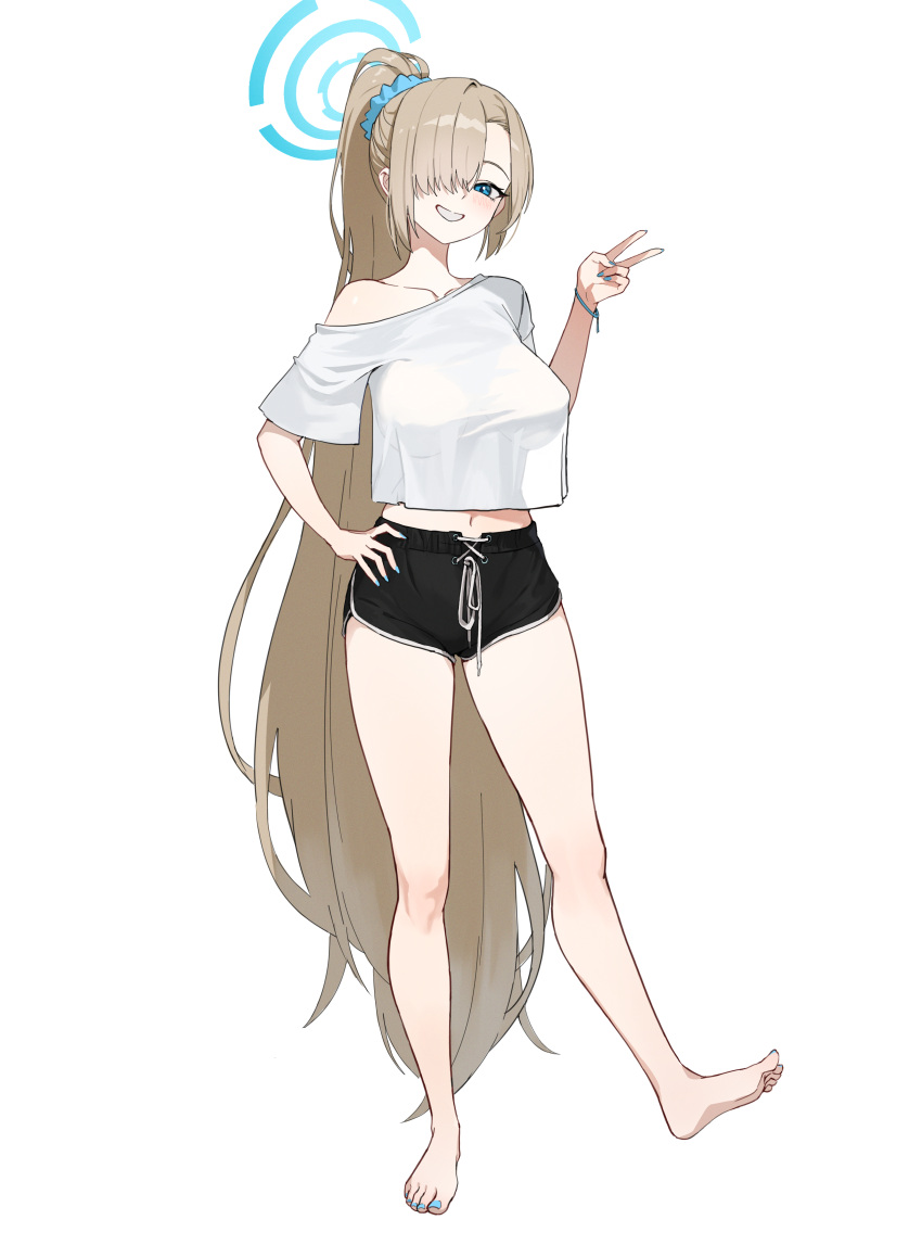 1girl absurdly_long_hair absurdres asuna_(blue_archive) bare_shoulders barefoot black_shorts blue_archive blue_eyes blue_halo blue_nails blue_scrunchie brown_hair collarbone commentary fingernails full_body hair_ornament hair_over_one_eye hair_scrunchie halo hand_on_own_hip highres jason_kim legs long_hair looking_at_viewer midriff nail_polish navel off_shoulder ponytail scrunchie shirt shorts simple_background smile solo standing toenail_polish toenails toes very_long_hair white_background white_shirt