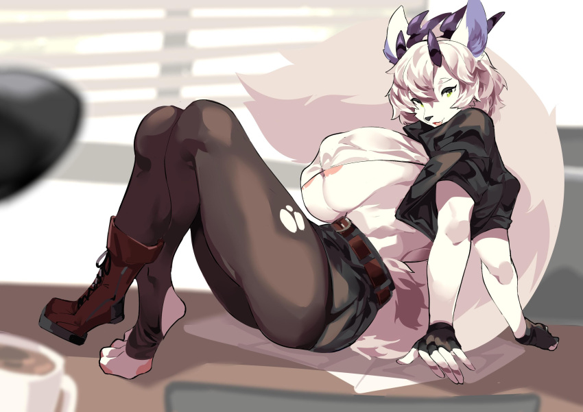 absurd_res anthro aspirindabaitu big_breasts boots breasts canid canine canis clothed clothing female footwear fur gloves green_eyes hair handwear hi_res horn hybrid mammal paws solo toeless_footwear vente_hiemalis_(character) white_body white_fur white_hair wolf