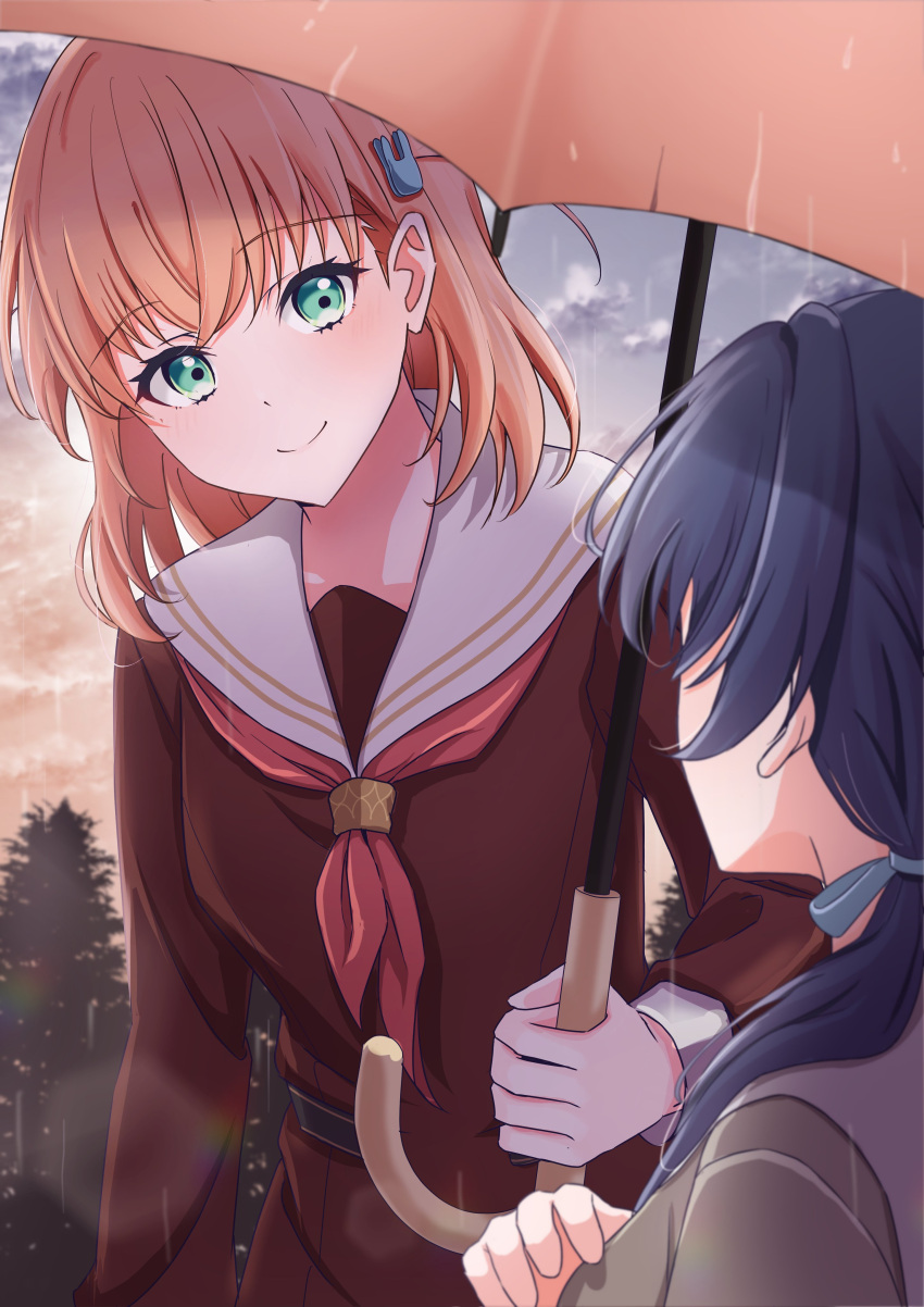 2girls absurdres aqua_eyes arm_at_side blue_hair blue_ribbon blurry blurry_background brown_cardigan brown_dress cardigan check_commentary closed_mouth commentary_request crossed_bangs dark_blue_hair dress hair_ornament hair_ribbon hasu_no_sora_school_uniform highres hinoshita_kaho holding holding_umbrella link!_like!_love_live! long_hair long_sleeves looking_at_another love_live! low_twintails medium_hair multiple_girls murano_sayaka neckerchief ninben_(ninben_2892) orange_hair orange_umbrella pleated_dress rabbit_hair_ornament rain red_neckerchief ribbon sailor_collar sailor_dress school_uniform smile solo_focus twintails two_side_up umbrella virtual_youtuber white_sailor_collar winter_uniform