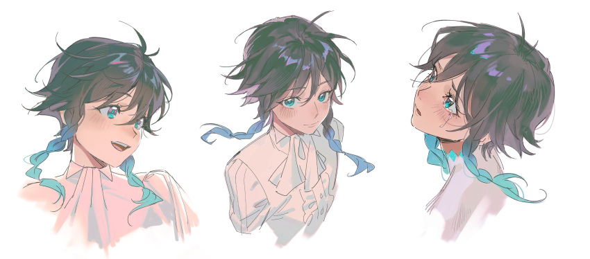 1boy absurdres black_hair blush braid fridaynightcat genshin_impact green_eyes highres looking_at_viewer multiple_views neckerchief open_mouth shirt short_hair solo twin_braids venti_(genshin_impact) white_neckerchief white_shirt