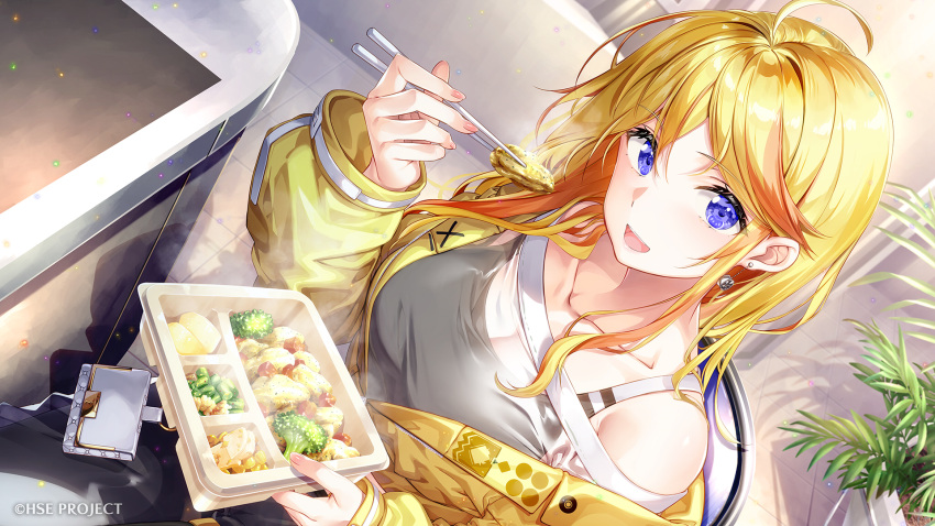 1girl :d ahoge bare_shoulders blonde_hair blue_eyes breasts broccoli chair chopsticks collarbone commentary_request dutch_angle fujima_takuya grey_shirt hair_between_eyes highres highspeed_etoile holding holding_chopsticks jacket long_hair long_sleeves looking_at_viewer medium_breasts multicolored_hair off-shoulder_shirt off_shoulder on_chair open_clothes open_jacket orange_hair puffy_long_sleeves puffy_sleeves shirt sitting sleeves_past_wrists smile solo sophia_b_tokitou streaked_hair table tile_floor tiles yellow_jacket