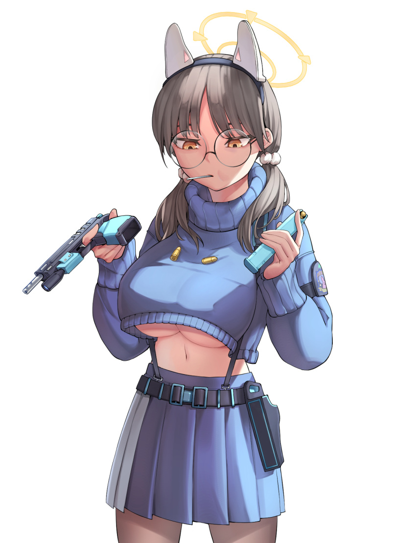 1girl animal_ears black_pantyhose blue_archive blue_skirt blue_sweater breasts brown_eyes brown_hair bullet chupa_chups commentary_request cropped_sweater fake_animal_ears glasses gun gunbelt hair_bobbles hair_ornament hairband halo handgun highres holding holding_gun holding_weapon long_hair long_sleeves looking_afar low_twintails moe_(blue_archive) mouth_hold navel pantyhose parted_bangs pleated_skirt police_riot_(artist) rabbit_ears school_uniform sidelocks simple_background skirt solo stomach sweater turtleneck turtleneck_sweater twintails underboob weapon white_background
