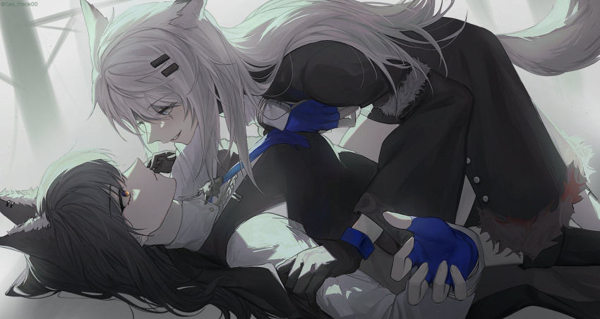 2girls animal_ear_fluff animal_ear_piercing animal_ears arknights arm_support artist_name backlighting black_coat black_gloves black_hair black_jacket black_vest blue_eyes blue_gloves blue_necktie breasts buttons closed_mouth coat collared_shirt commentary_request dress_shirt expressionless extra_ears eye_contact feet_out_of_frame fingerless_gloves fingernails from_side fur-trimmed_coat fur-trimmed_sleeves fur_trim gae_tteok00 gloves grey_eyes grey_hair grey_tail grin hair_between_eyes hair_flowing_over hair_ornament hair_spread_out hairclip hand_on_another's_arm hand_up highres jacket korean_commentary lappland_(arknights) lappland_(refined_horrormare)_(arknights) layered_sleeves long_hair long_sleeves looking_at_another lying medium_breasts messy_hair multiple_girls necktie official_alternate_costume on_back on_person open_clothes open_hand open_jacket orange_eyes parted_lips pinned profile scar scar_across_eye scar_on_face shade shirt short_sleeves smile straight_hair tail teeth texas_(arknights) texas_the_omertosa_(arknights) twitter_username two-tone_eyes unworn_jacket vest white_shirt wide_sleeves wing_collar wolf_ears wolf_girl wolf_tail yuri